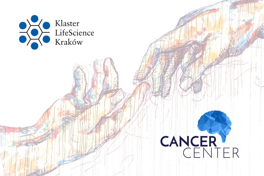 Picture showing two hands and partners logos: Cancer Center and the LifeScience Krakow Cluster